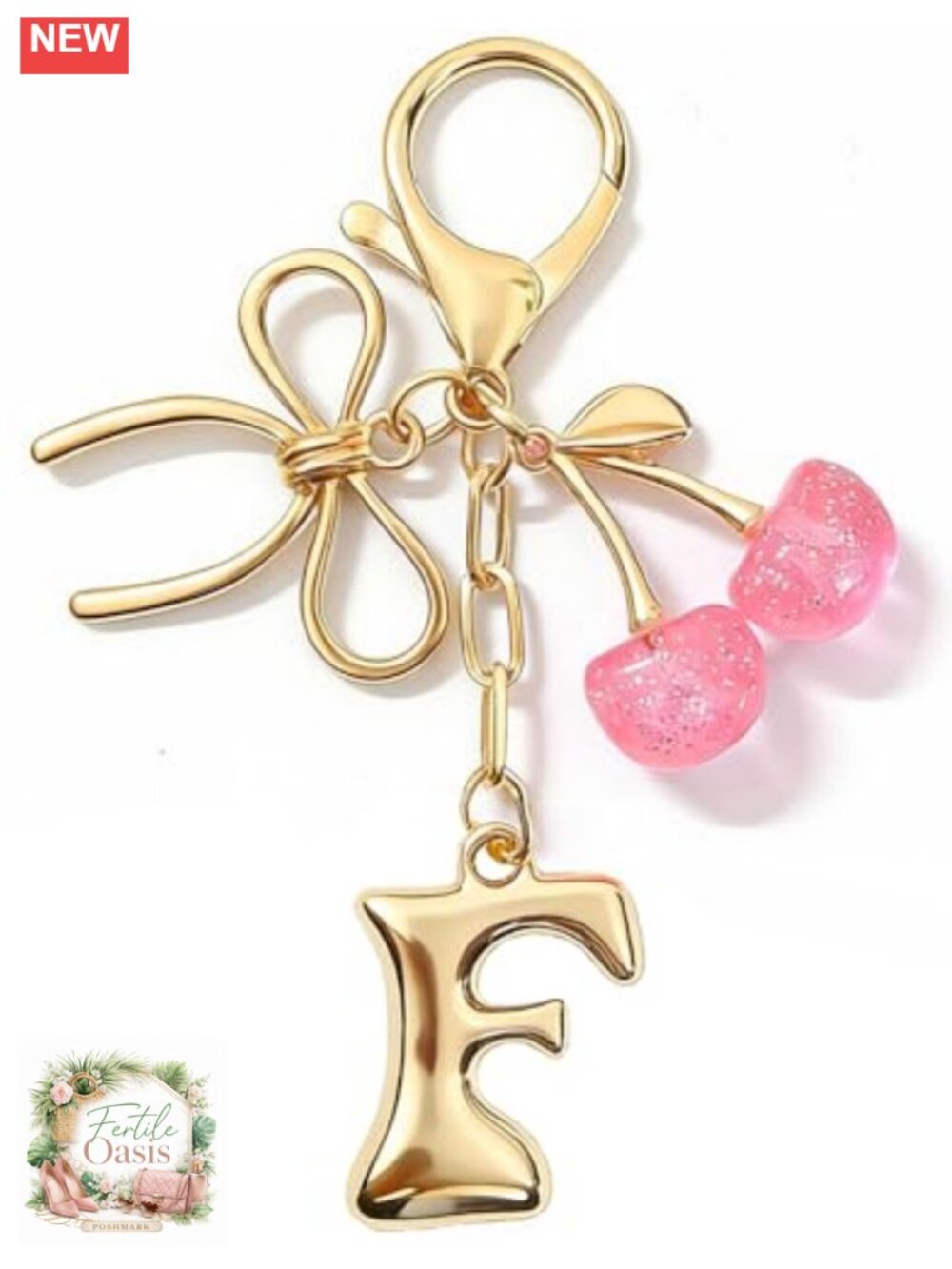 Gold Plated Initial Keychain with Bow and Cherry Charms - Trendy Bag Purse
